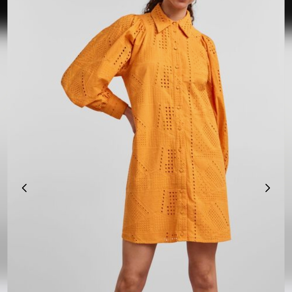 YAS Yasado Boho Alt Button Longsleeve Eyelet Shirt Dress, Med *Missing‎ Button*